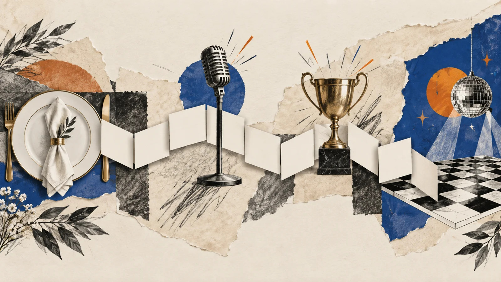Editorial illustration of dinner, microphone, award and dance-floor cues along a folded programme.