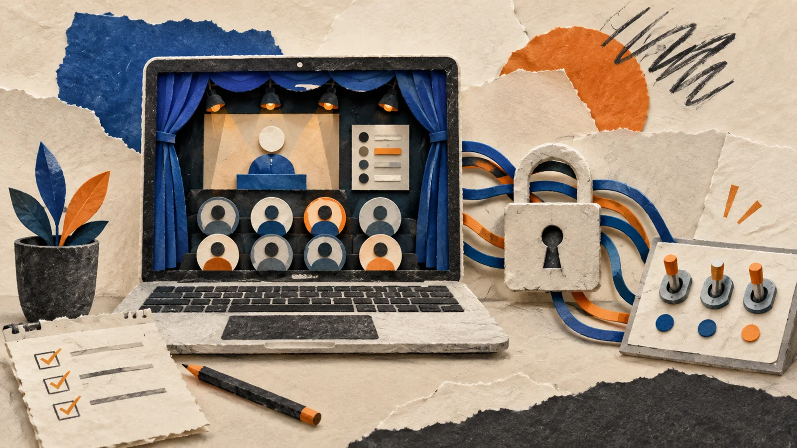 Editorial illustration of a virtual event laptop, security lock and testing controls.