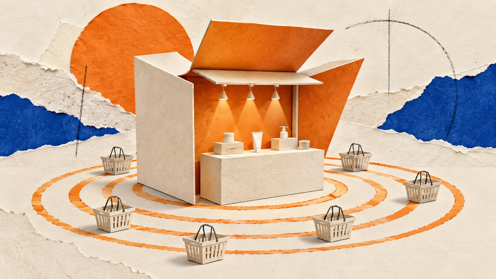 Editorial illustration of a product sampling counter and expanding engagement circles.