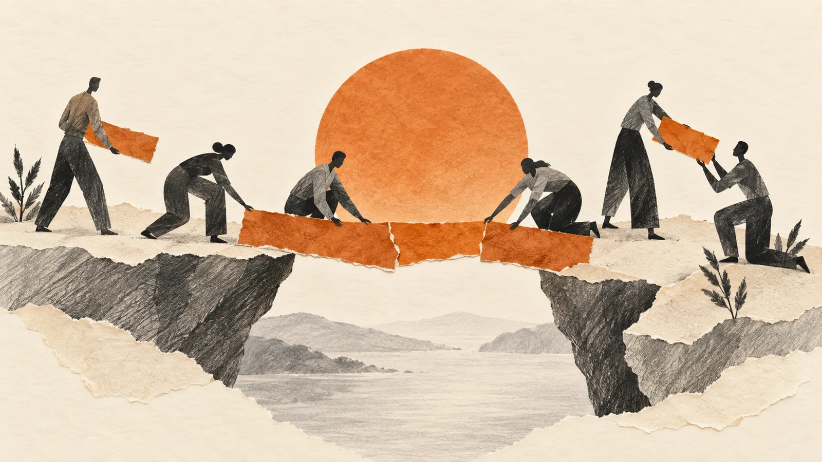 Illustration of a team joining paper bridge sections between separate islands.
