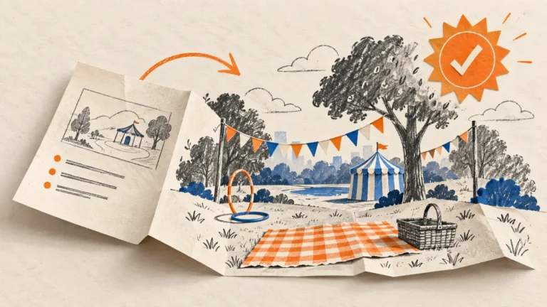 Editorial illustration of a family-day park unfolding from a proposal sheet.