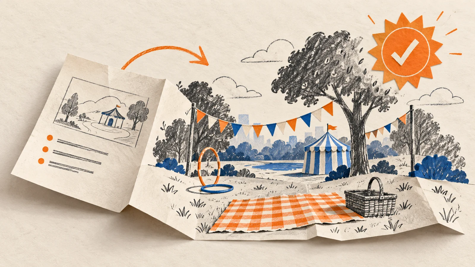 Editorial illustration of a family-day park unfolding from a proposal sheet.