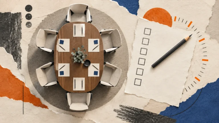 Editorial illustration of a meeting table, checklist and pencil clock hand.