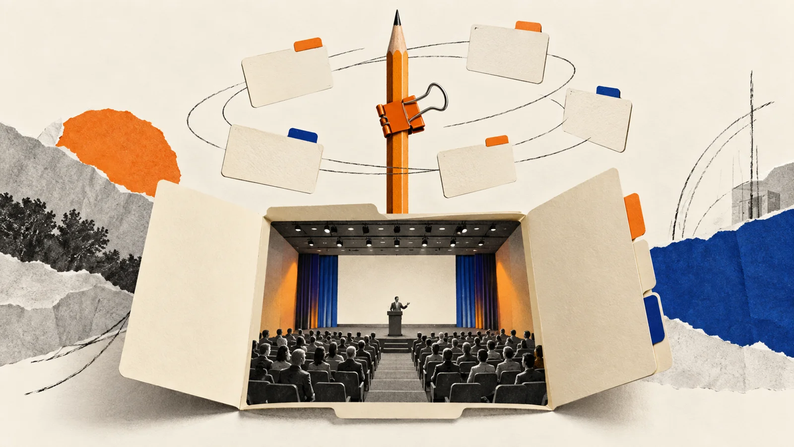 Editorial illustration of a conference auditorium unfolding from a planning folder.