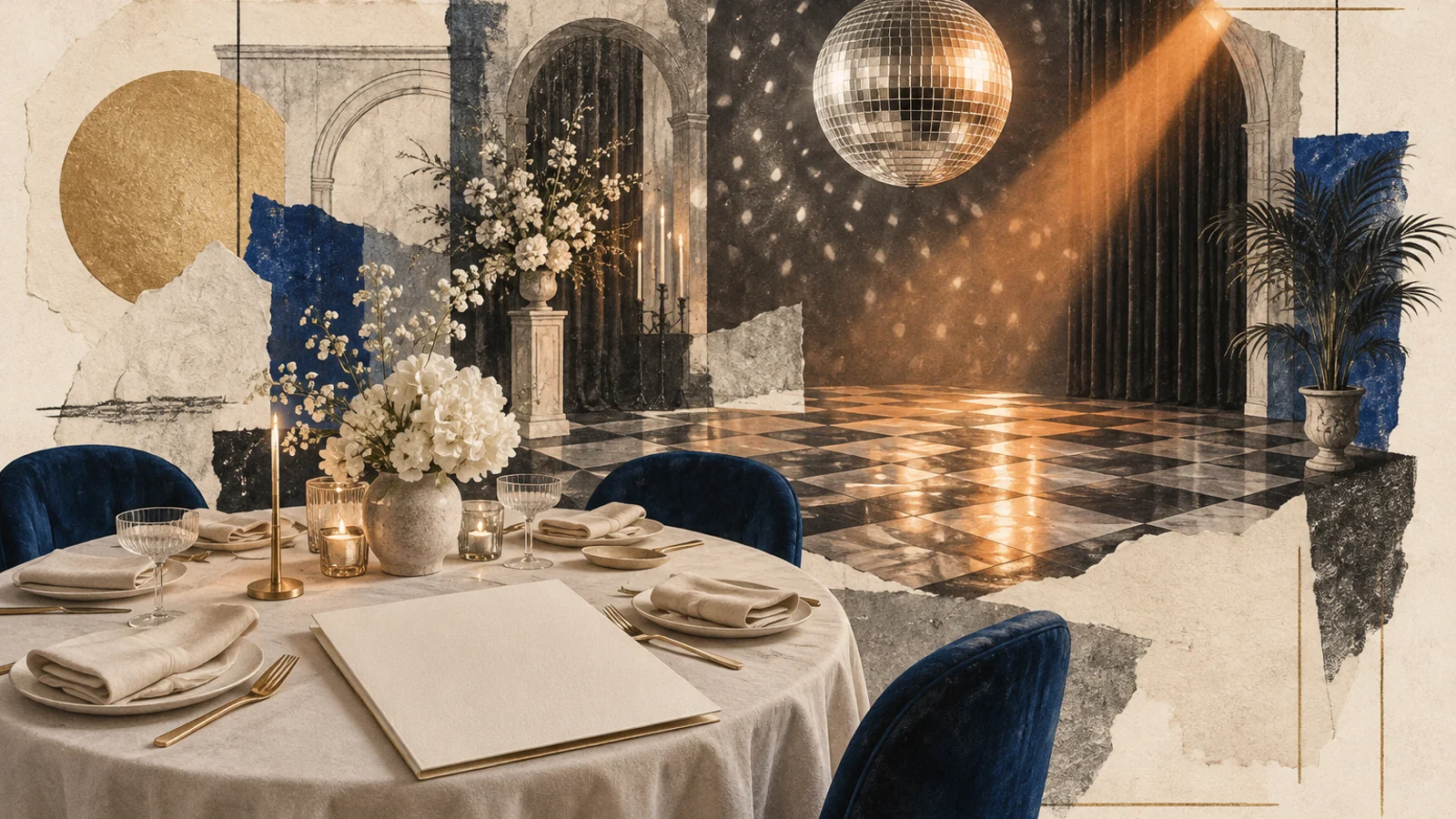 Editorial illustration of a banquet table, proposal folder and dance floor.