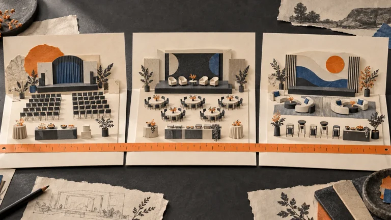 Editorial illustration comparing three event packages with different stage and seating arrangements.