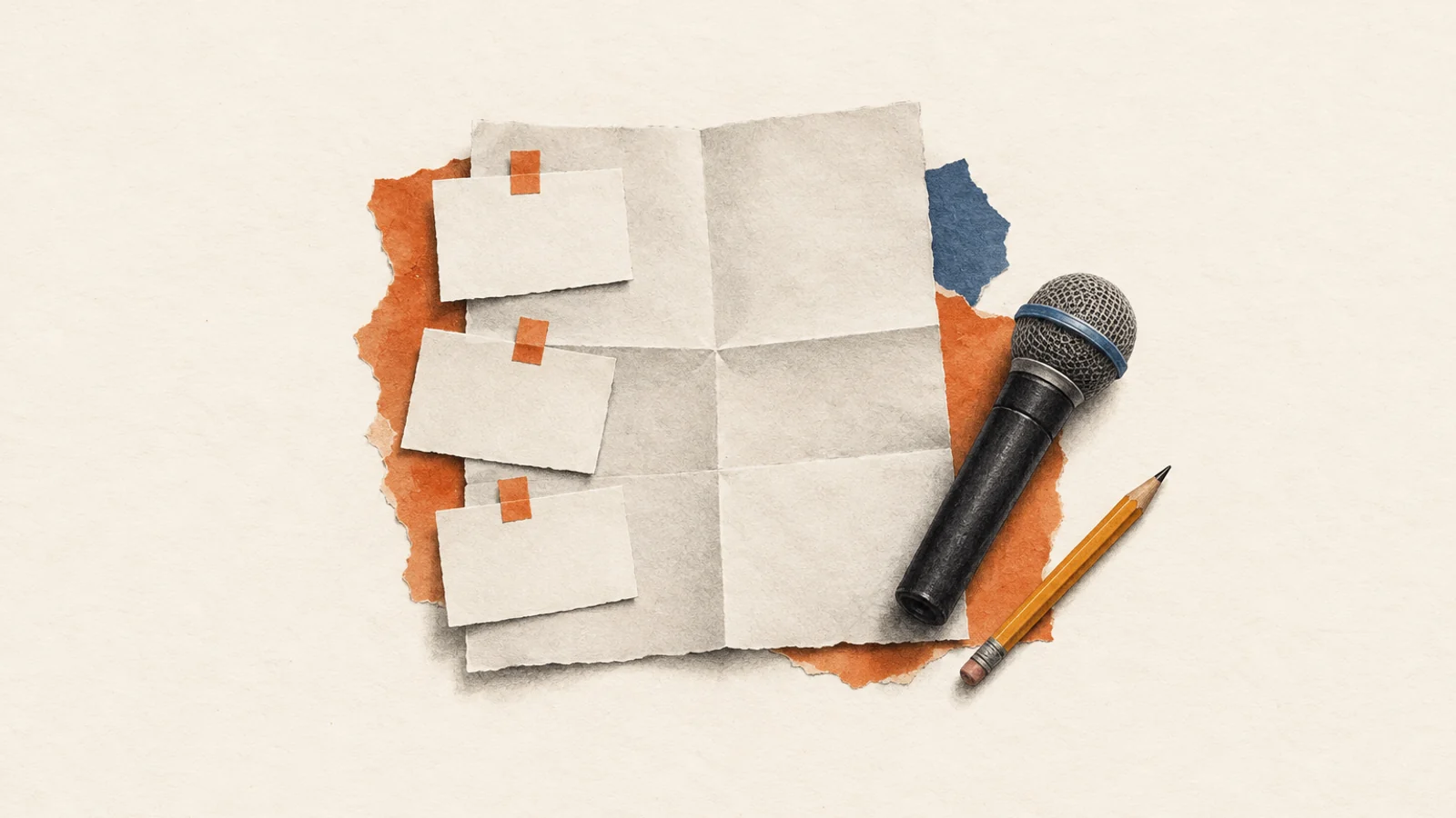 Editorial illustration of a folded run sheet, blank cue cards, microphone and pencil.