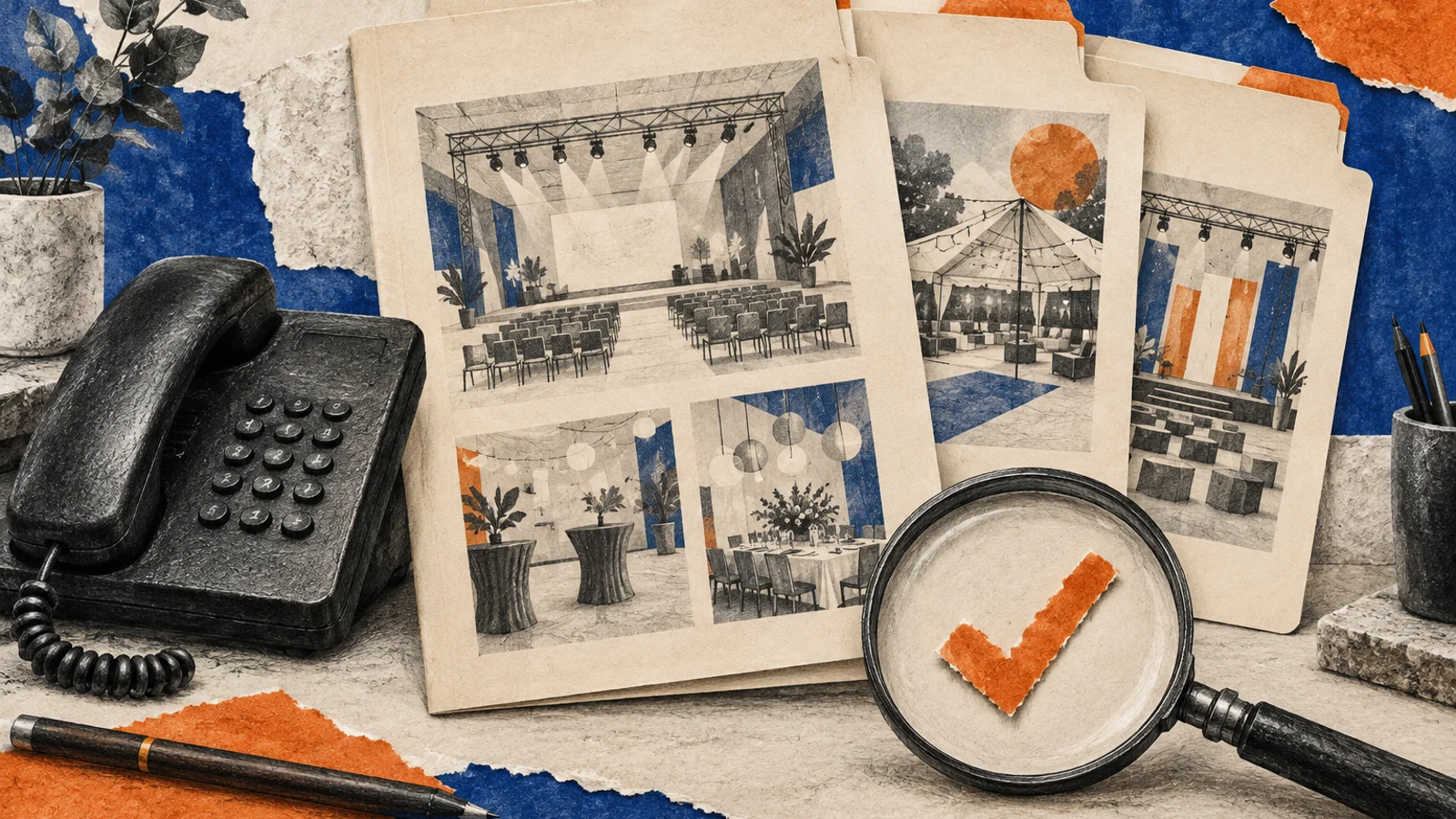 Editorial illustration of a telephone, event portfolios and a reference-check magnifying glass.