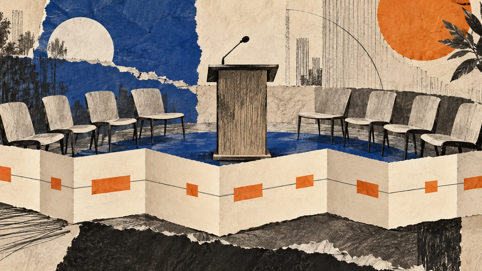 Editorial illustration of a townhall podium, audience chairs and an unfolding agenda.