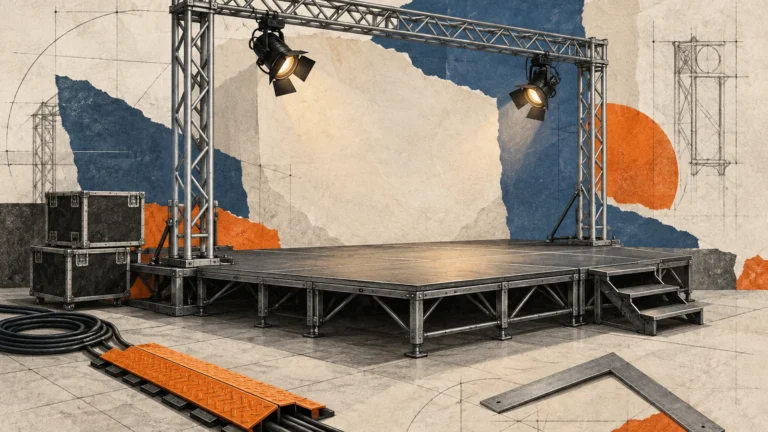 Editorial illustration of stage platforms, lighting truss and protected cable routing.