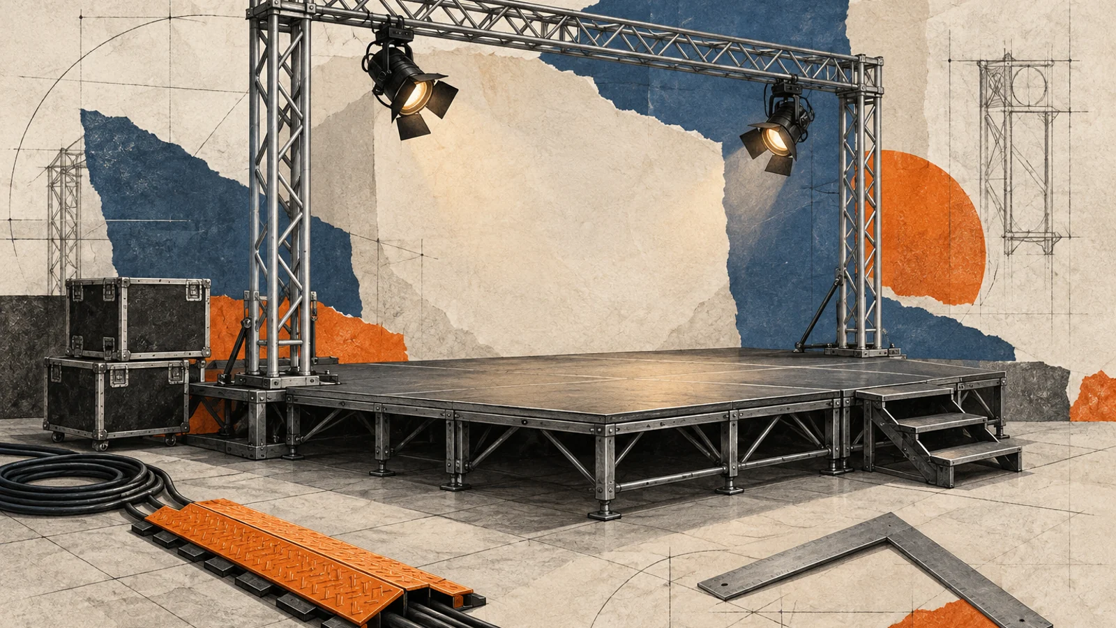 Editorial illustration of stage platforms, lighting truss and protected cable routing.
