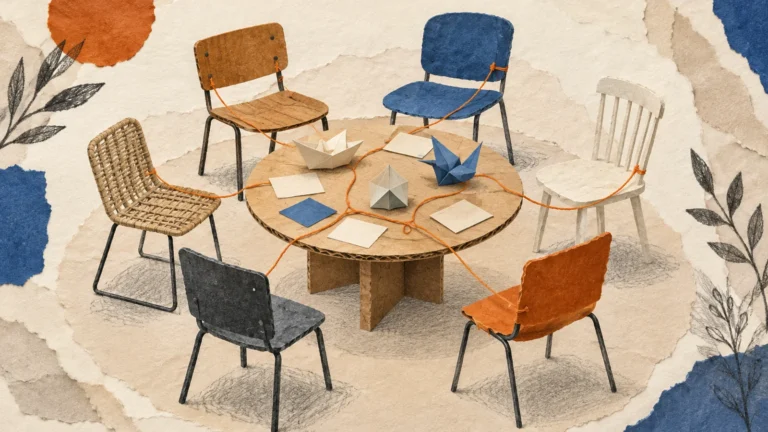 Editorial illustration of chairs around a shared table with paper-folding materials and connecting string.