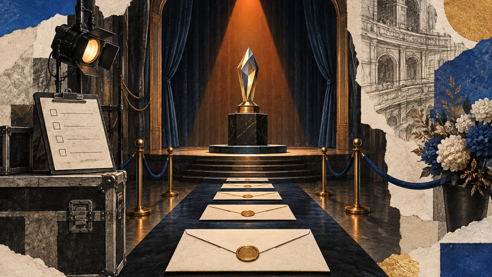 Editorial illustration of an awards stage, trophy, cue checklist and sealed envelopes.