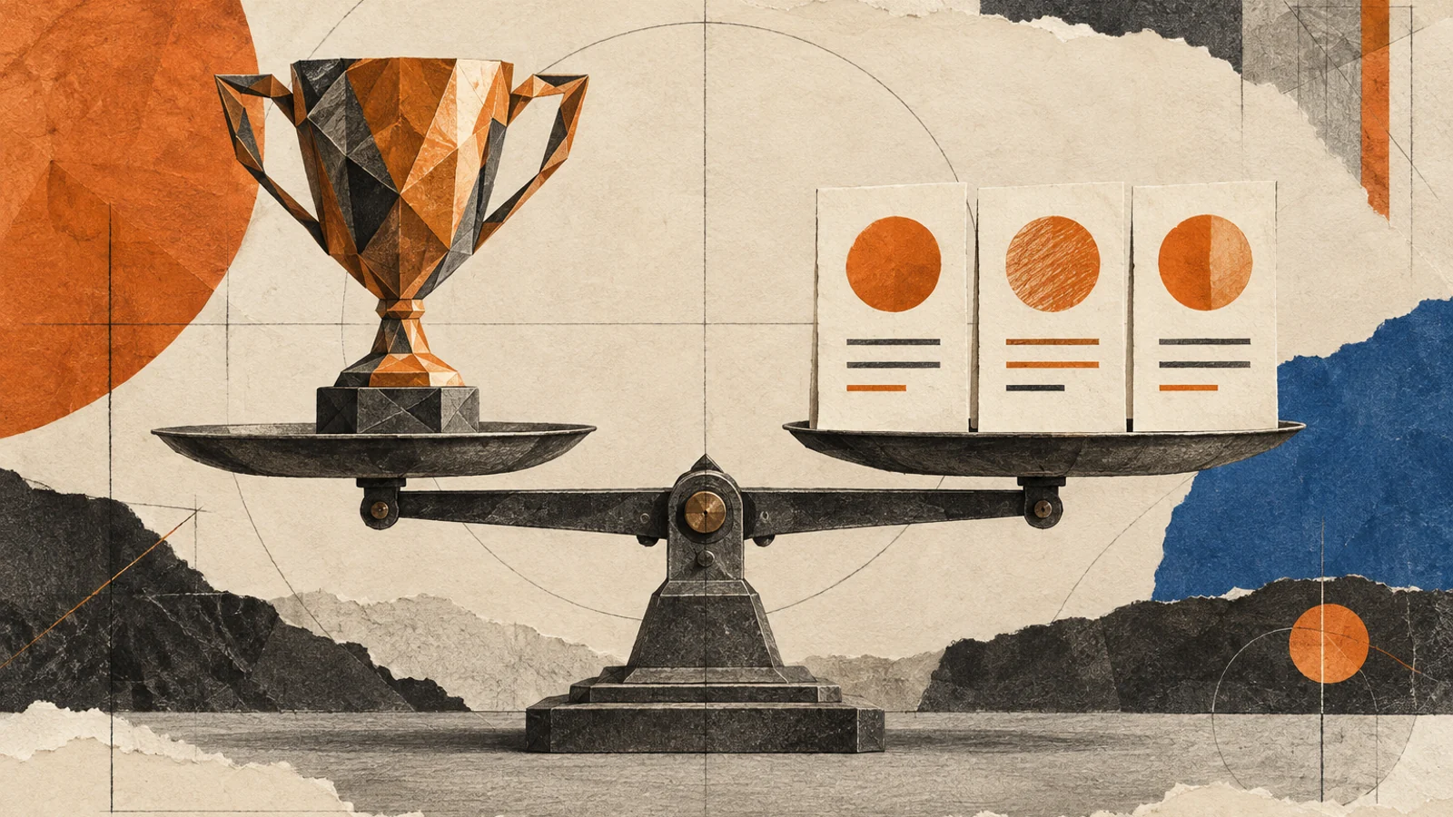 Editorial illustration of a trophy and judging scorecards balanced on a scale.