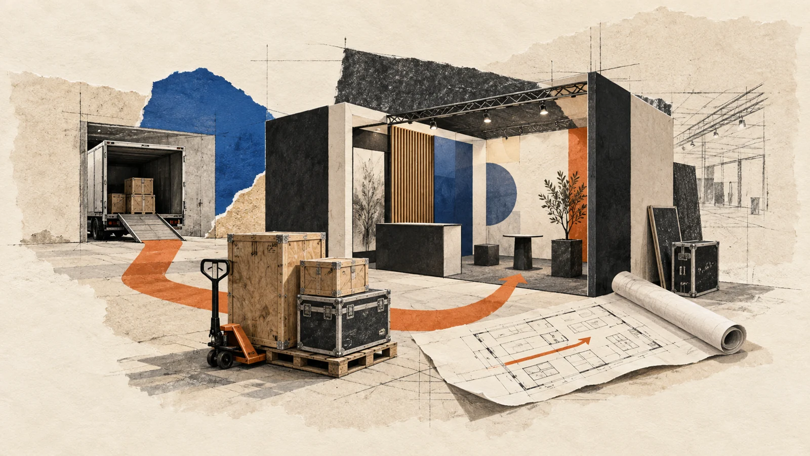 Editorial illustration of exhibition freight crates, a loading route and an exhibition booth.