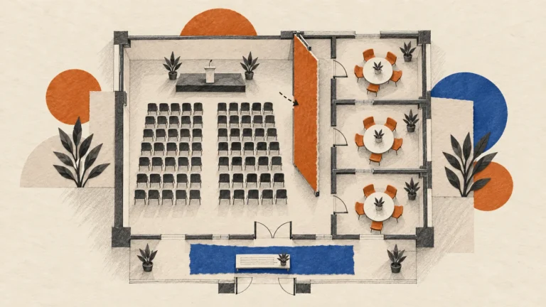 Illustration of a conference venue floor plan with a plenary hall of seats facing a stage, three breakout rooms and an orange movable partition wall