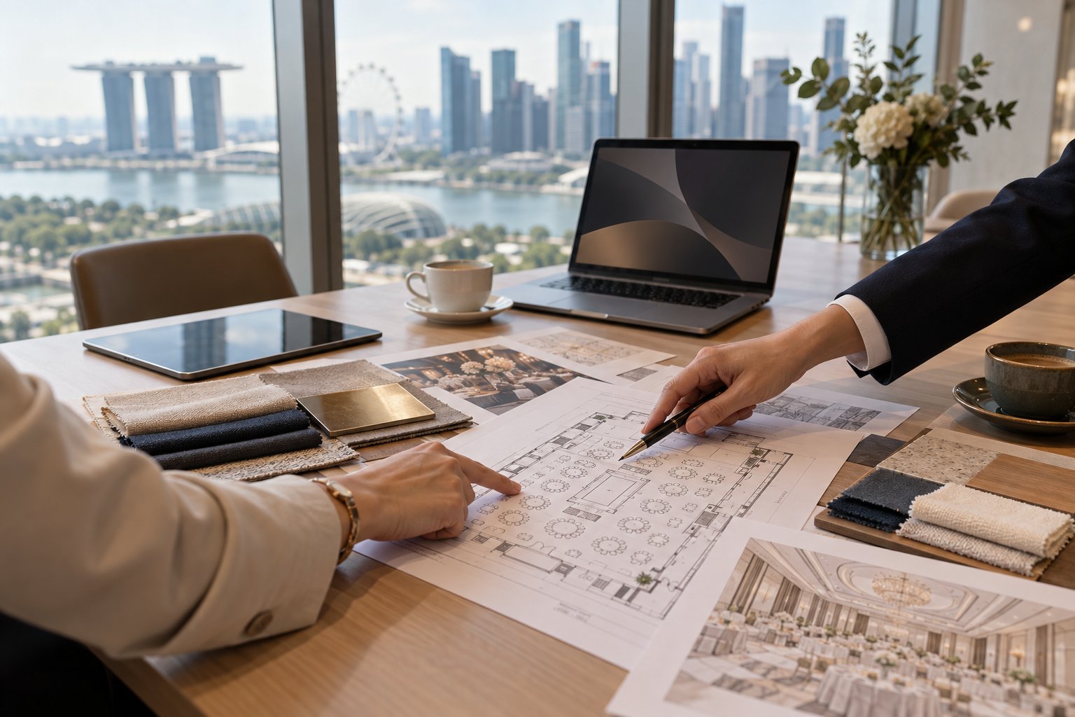 Two event planners pointing at a ballroom floor plan surrounded by fabric swatches during a planning meeting