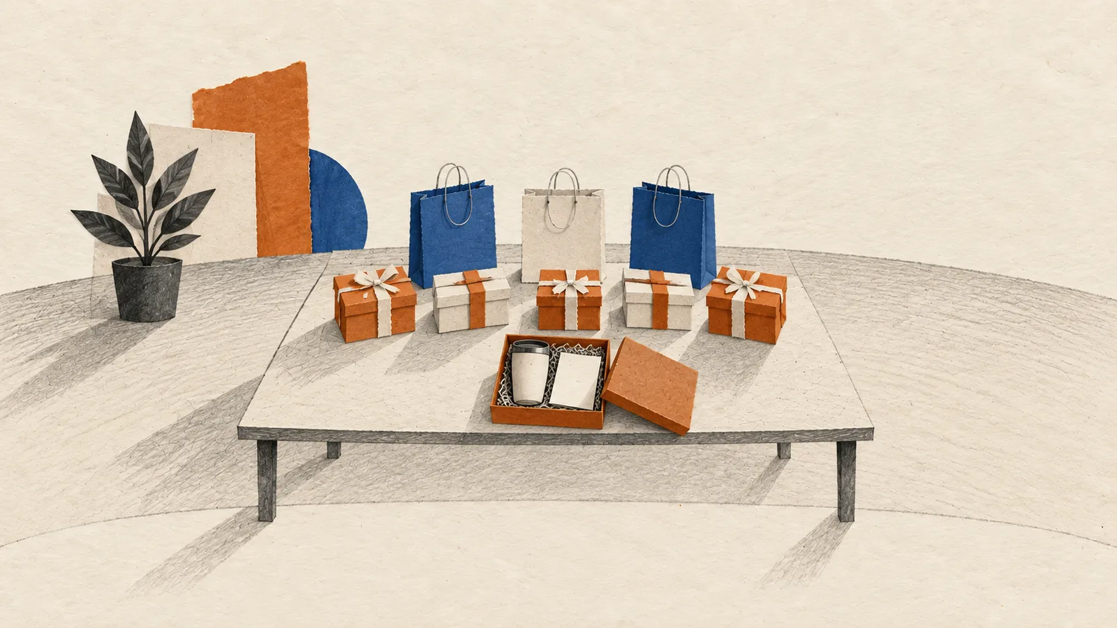 Illustration of wrapped door gift boxes, gift bags and an open box with a tumbler and card on a reception table