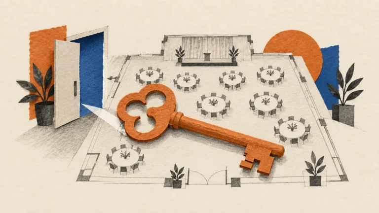 Illustration of an orange key resting on a pencil floor plan of an event hall with round tables and a stage, beside an open door