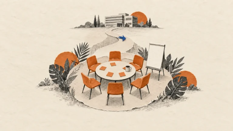 Illustration of a round meeting table with six orange chairs and a blank flip chart in a garden, with a path leading back to a distant office building
