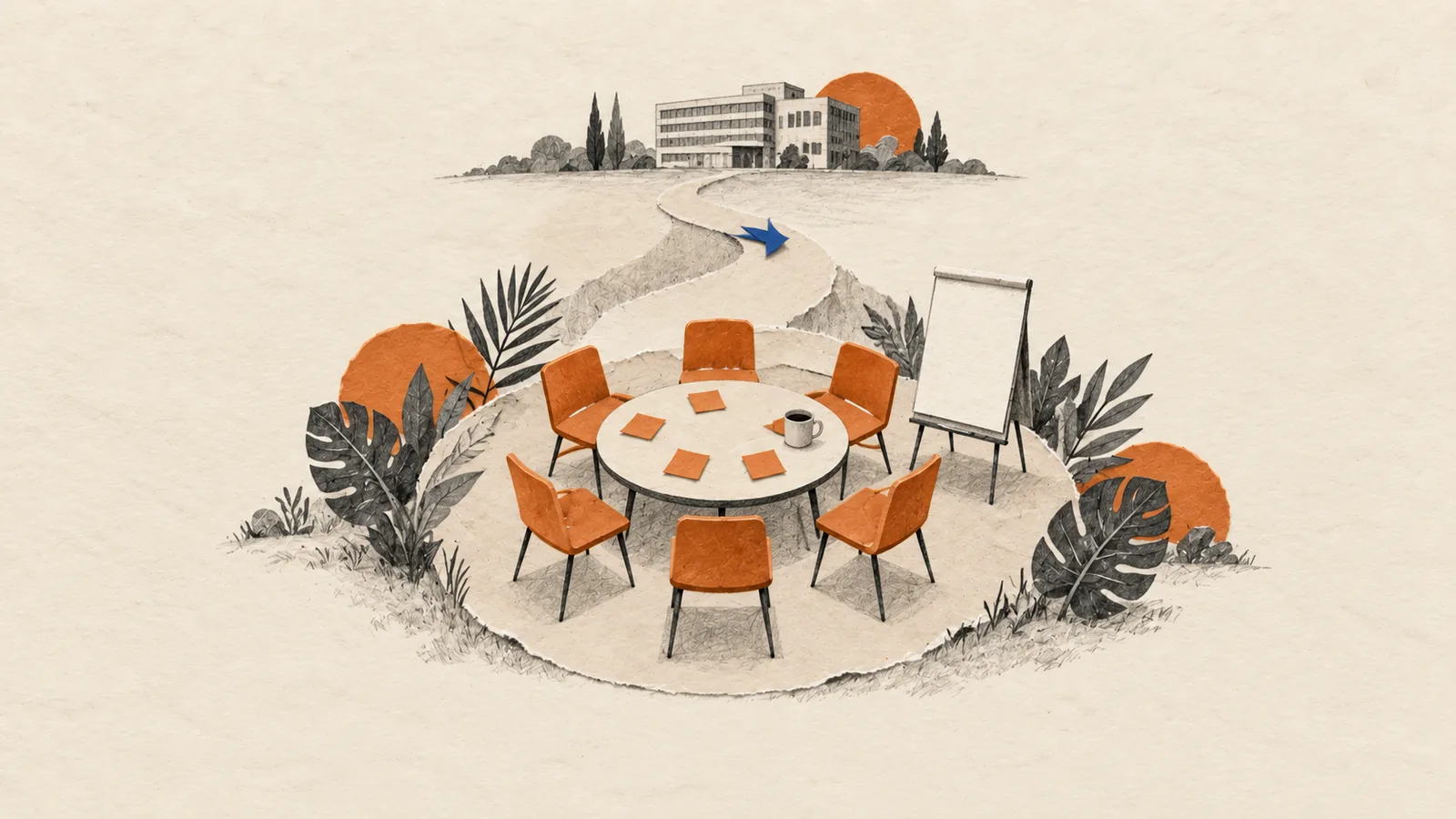 Illustration of a round meeting table with six orange chairs and a blank flip chart in a garden, with a path leading back to a distant office building