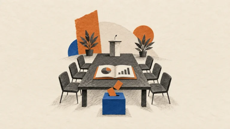 Illustration of an empty boardroom table with six chairs and a lectern, an open orange report booklet with charts, and a blue ballot box receiving orange cards