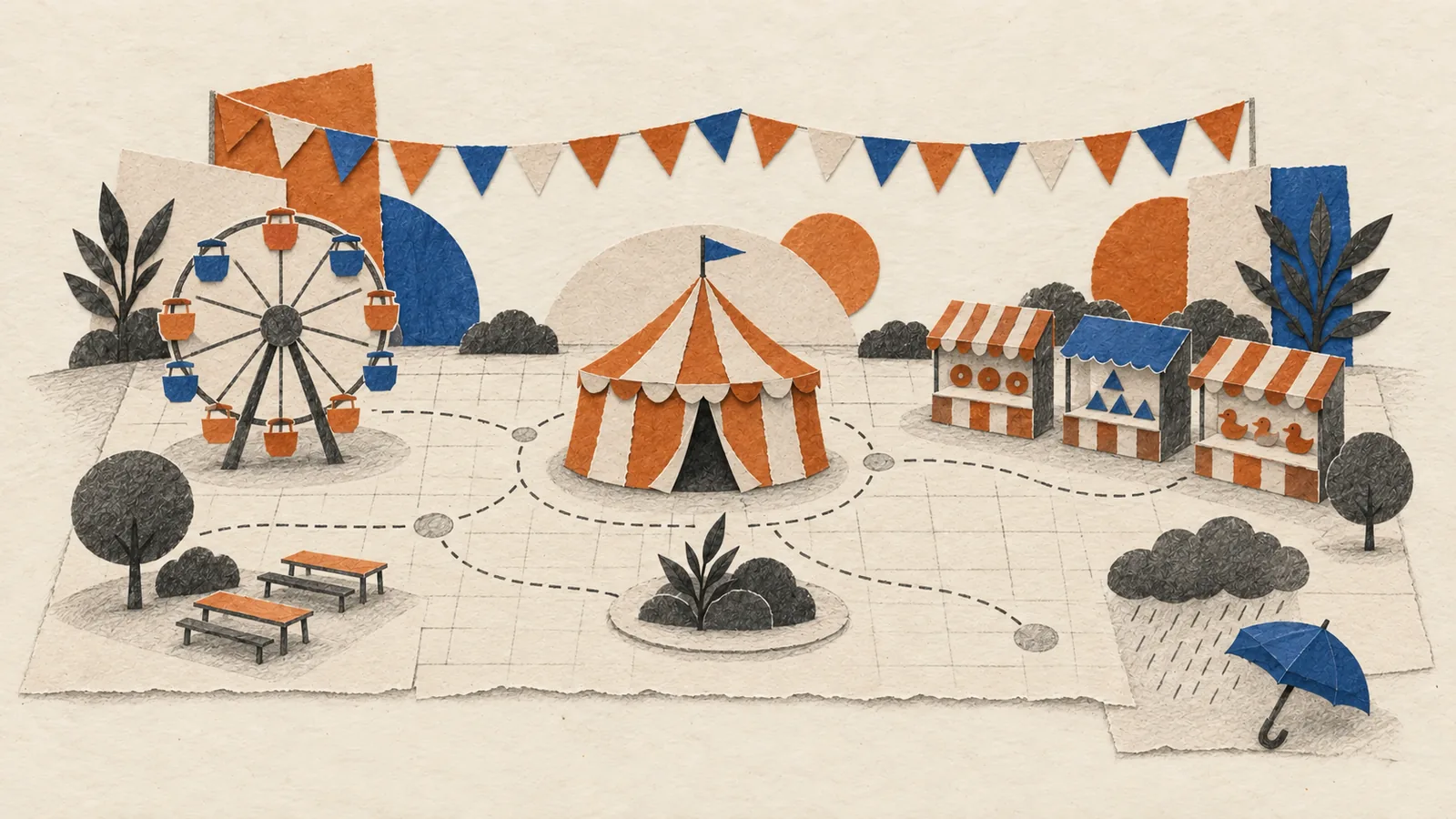 Paper collage of a carnival ground on a planning grid: striped tent, Ferris wheel and game booths linked by dotted paths, with a rain cloud and umbrella