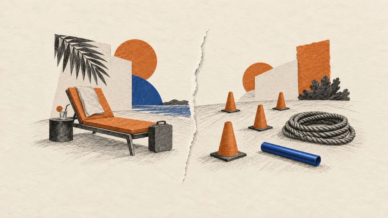 Illustration split by a torn edge, with a resort lounge chair and suitcase on one side and activity cones and rope on the other.