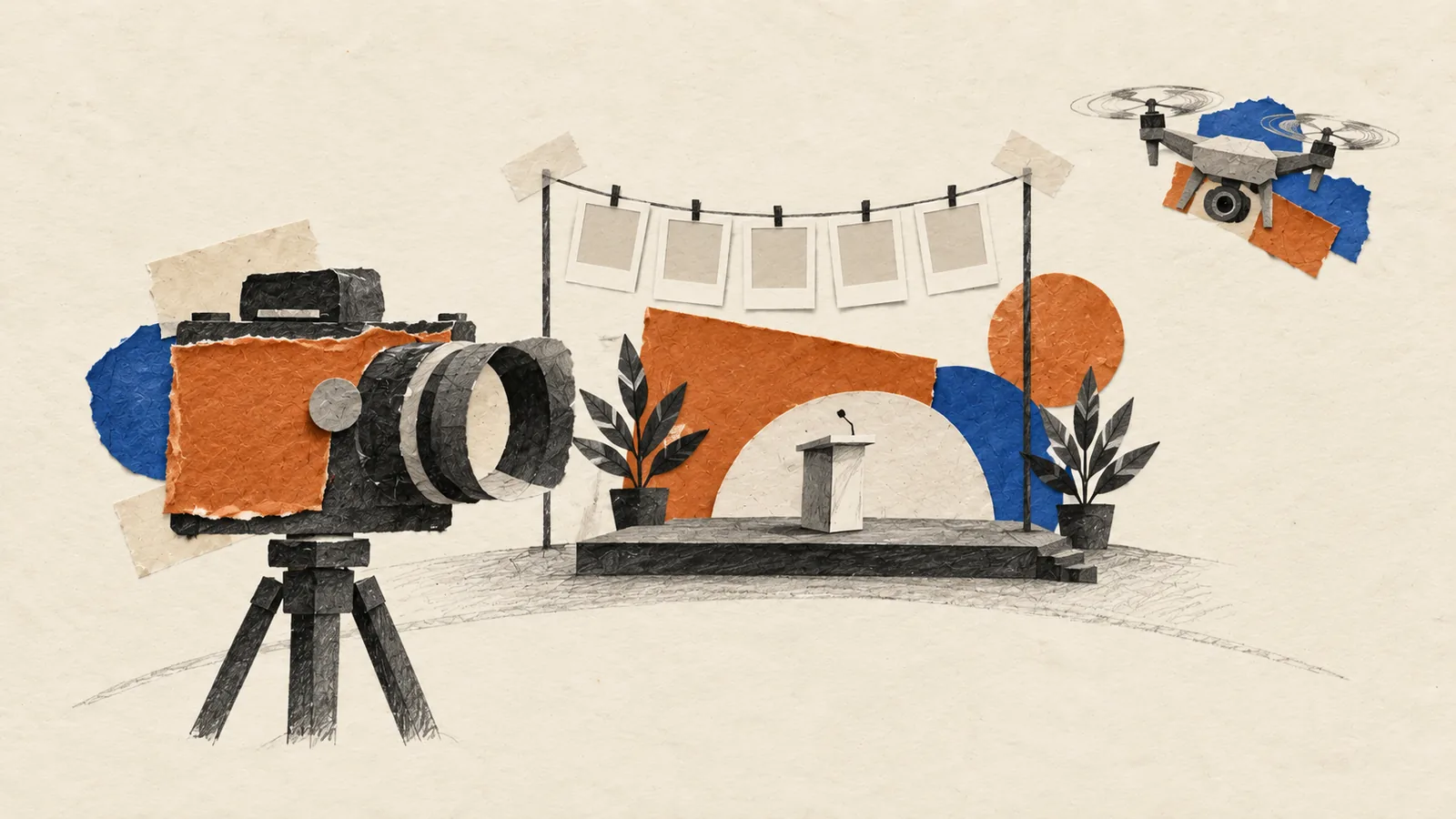 Illustration of a camera on a tripod facing a small stage with a lectern, blank photo frames pegged on a line above and a drone hovering nearby