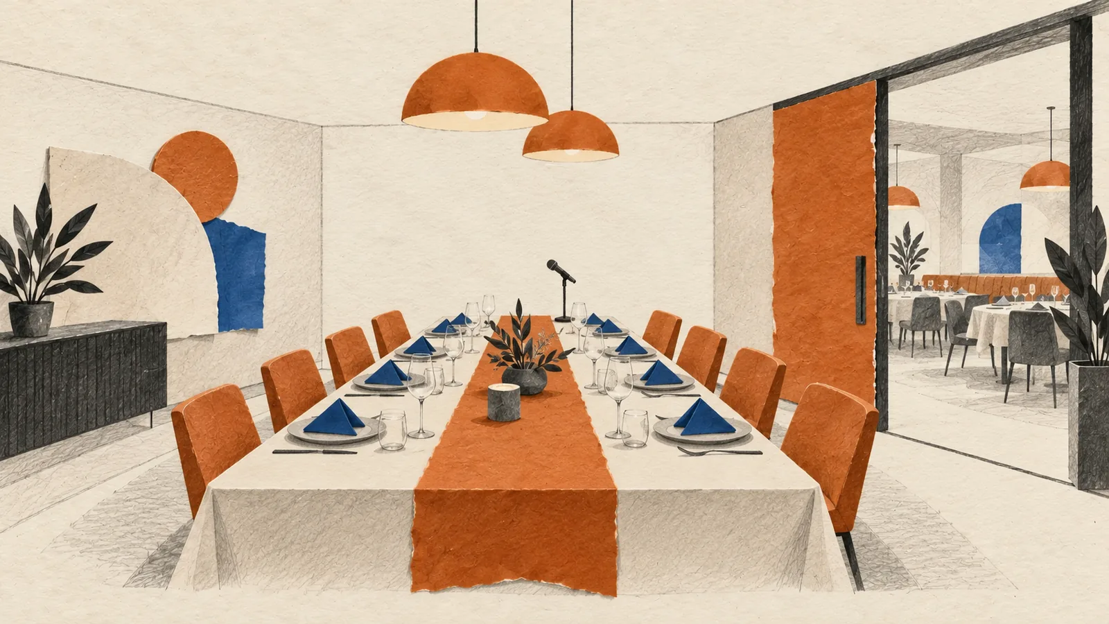 Illustration of a restaurant private dining room with a long set table, orange chairs, a table microphone and a glass partition to the main dining floor