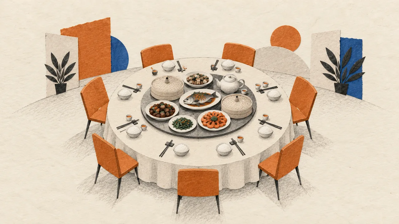 Illustration of a round Chinese banquet table with a lazy susan of shared dishes, a teapot, rice bowls and chopsticks.