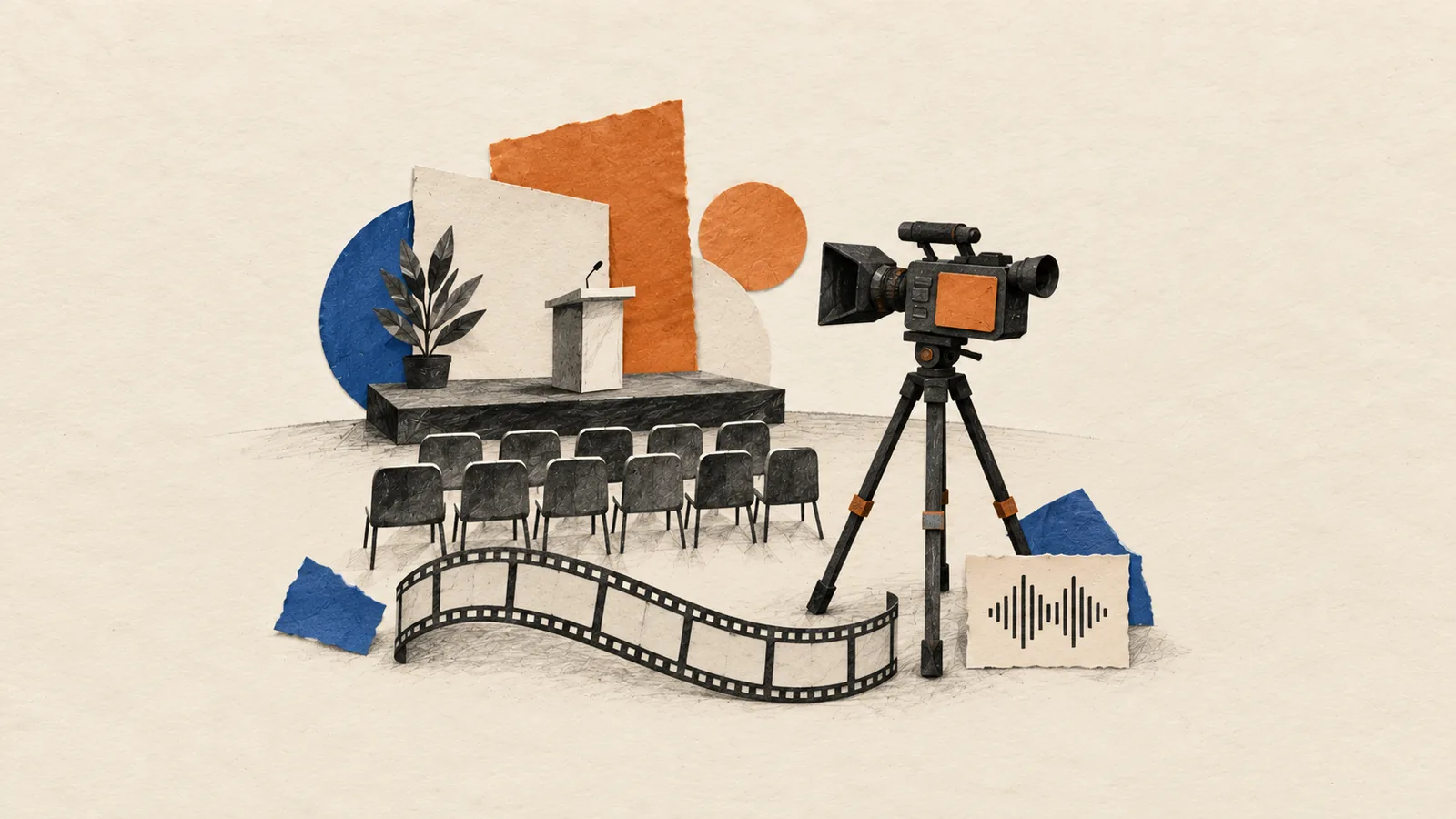 Illustration of a video camera on a tripod facing a small conference stage with a lectern and empty chairs, with a film strip and an audio waveform card on the floor