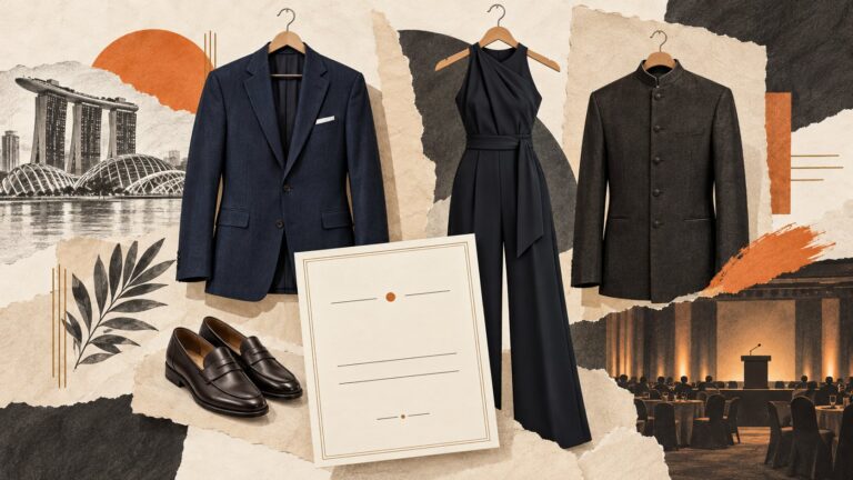 Editorial illustration of a business blazer, evening jumpsuit, mandarin-collar jacket and invitation card