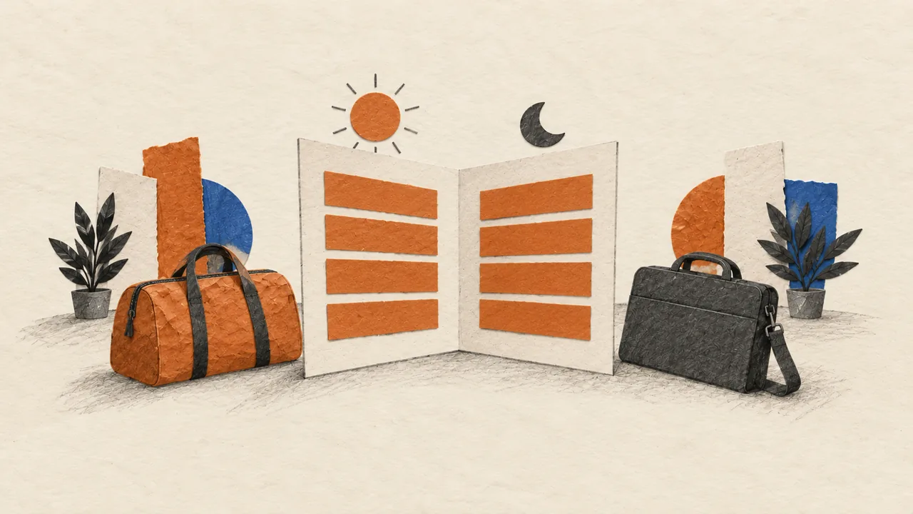 Illustration of a two-panel offsite agenda card with blank time blocks under a sun and moon, beside an overnight bag.
