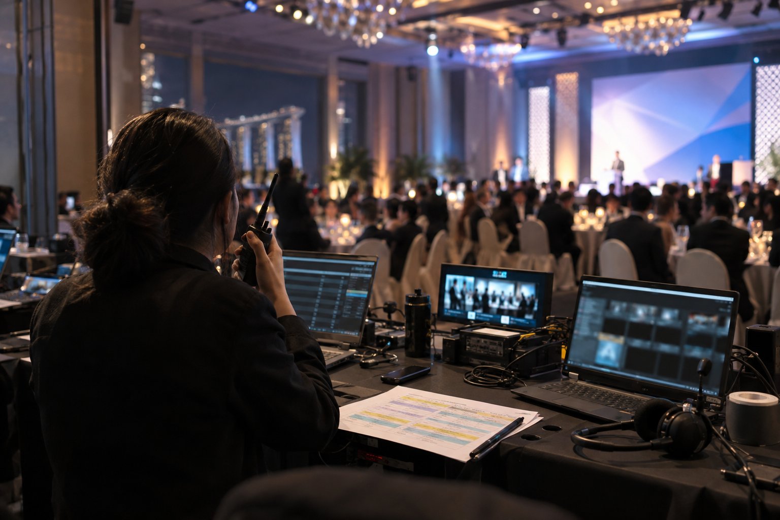 Event producer with a two-way radio at the control desk of a Singapore ballroom event