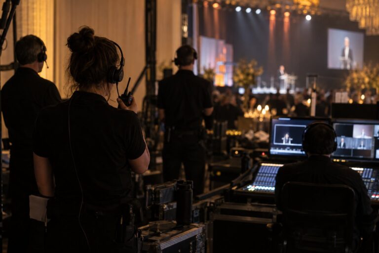 Event crew with headsets at the production desk during a corporate event