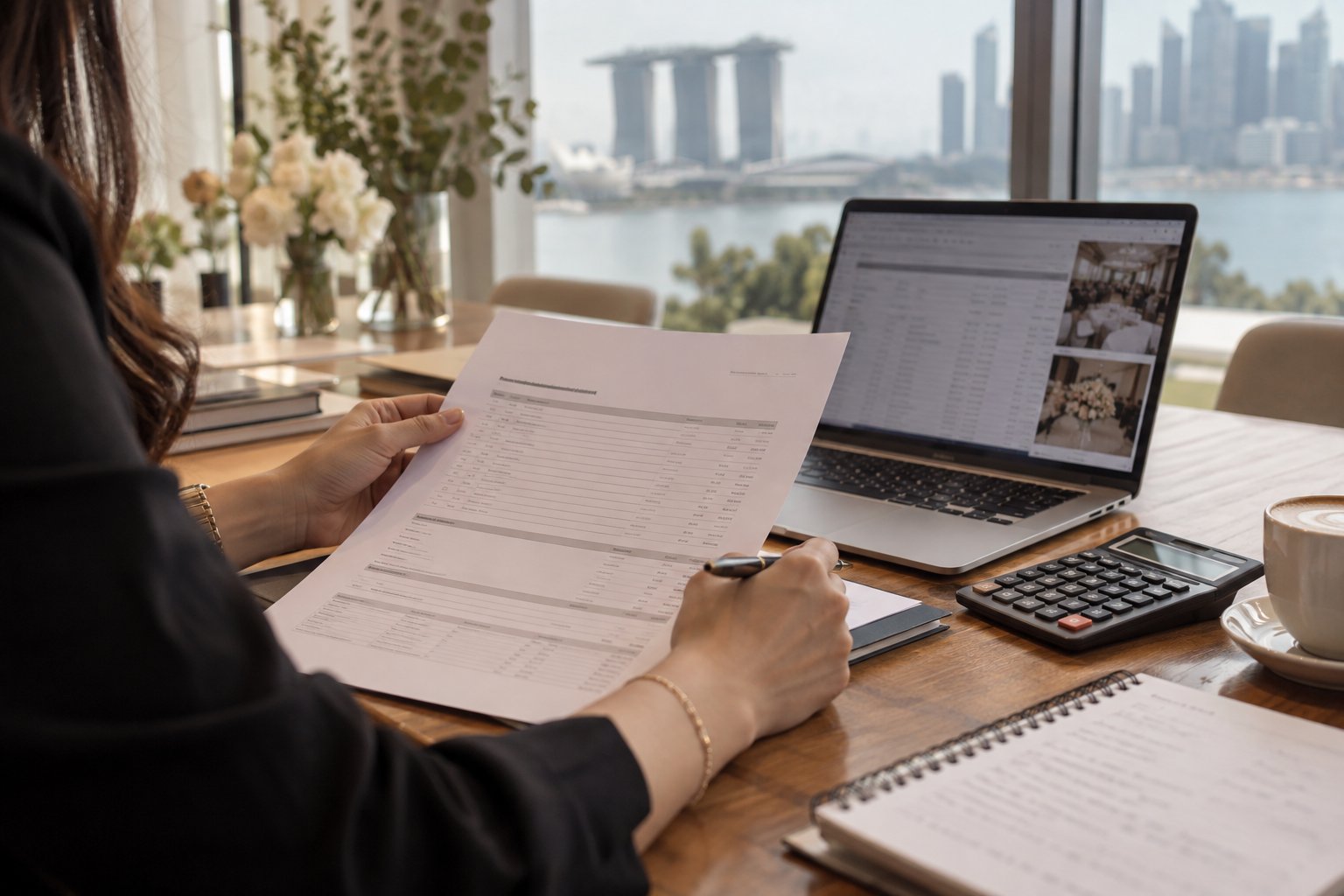 Event planner reviewing an itemised event quotation with a calculator and laptop