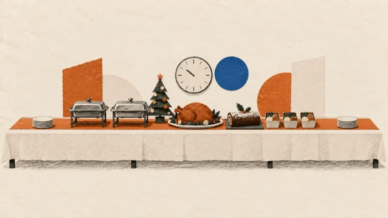Illustration of a Christmas buffet table with two covered chafing dishes, a small tree, a roast platter, a yule log and pastry boxes beneath a wall clock