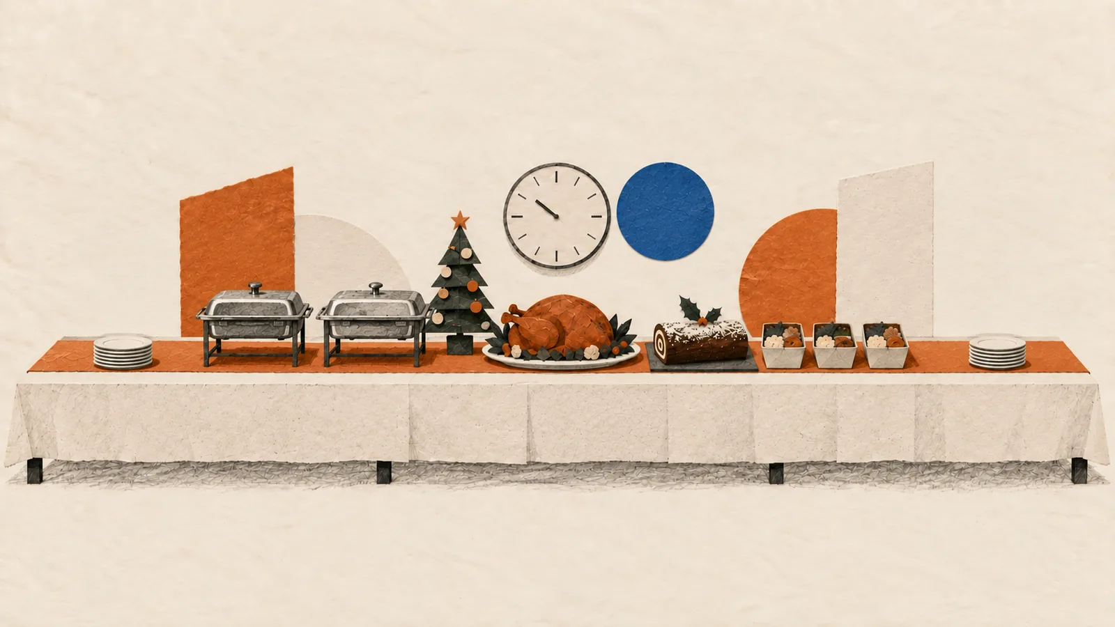 Illustration of a Christmas buffet table with two covered chafing dishes, a small tree, a roast platter, a yule log and pastry boxes beneath a wall clock