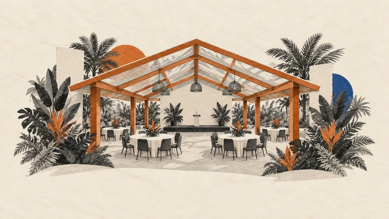 Illustration of a glass-roofed garden pavilion hall surrounded by tropical plants, with banquet tables inside.