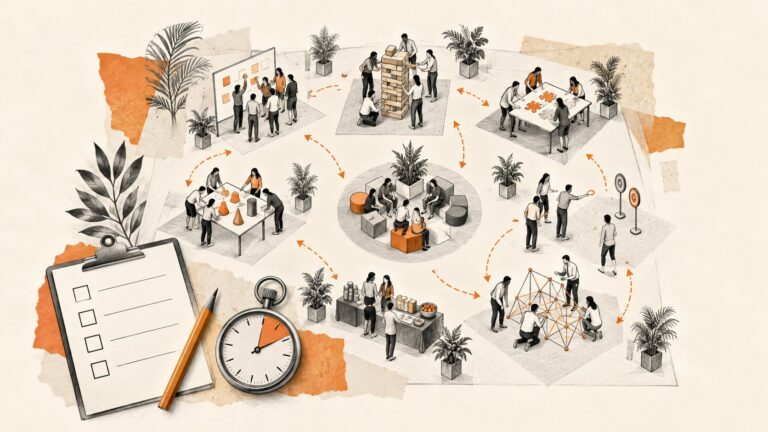 Editorial illustration of team-building activity stations, circulation arrows, a blank checklist and a stopwatch