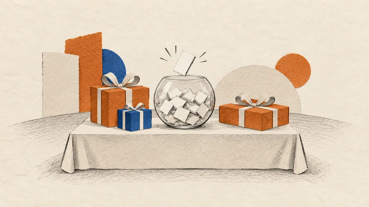 Illustration of a glass lucky draw bowl filled with folded tickets, with wrapped prize boxes on a stage table.