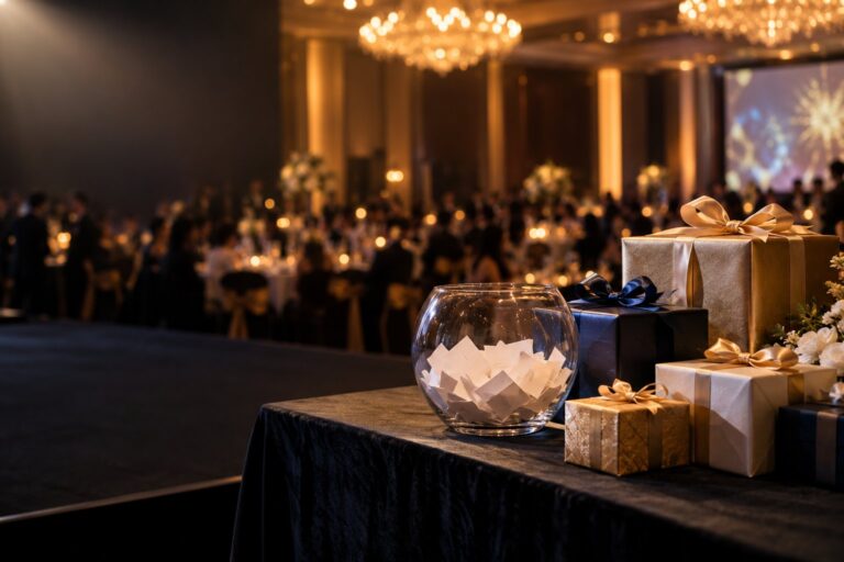 Wrapped lucky draw prizes and a draw bowl on a stage table at a Singapore company dinner and dance