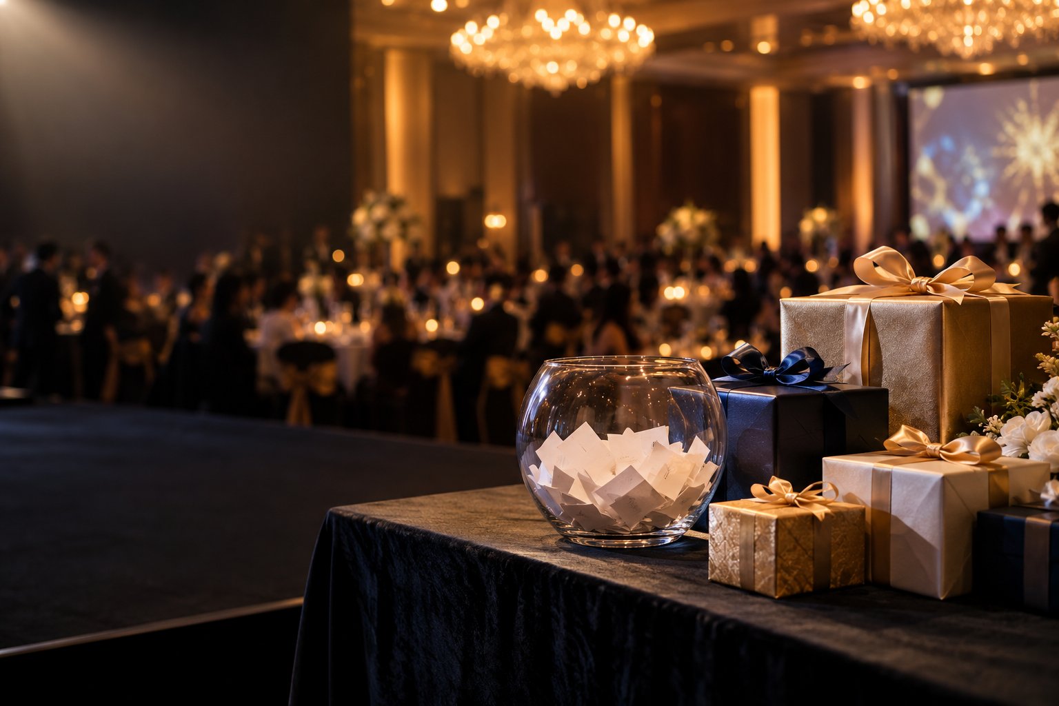 Wrapped lucky draw prizes and a draw bowl on a stage table at a Singapore company dinner and dance
