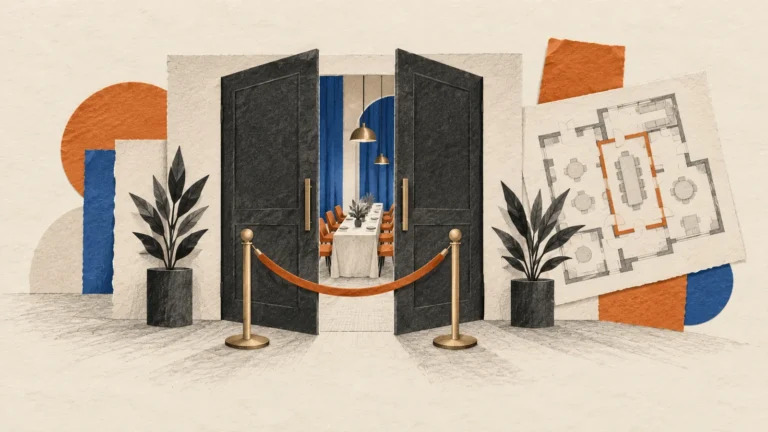 Illustration of open double doors behind a velvet rope on two stanchions, revealing a private dining room with a long table, chairs and pendant lamps, beside a floor plan sheet