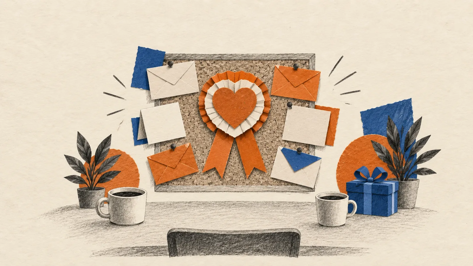 Illustration of a corkboard with blank envelopes and cards around an orange award rosette, above a desk with coffee mugs, plants and a blue gift box