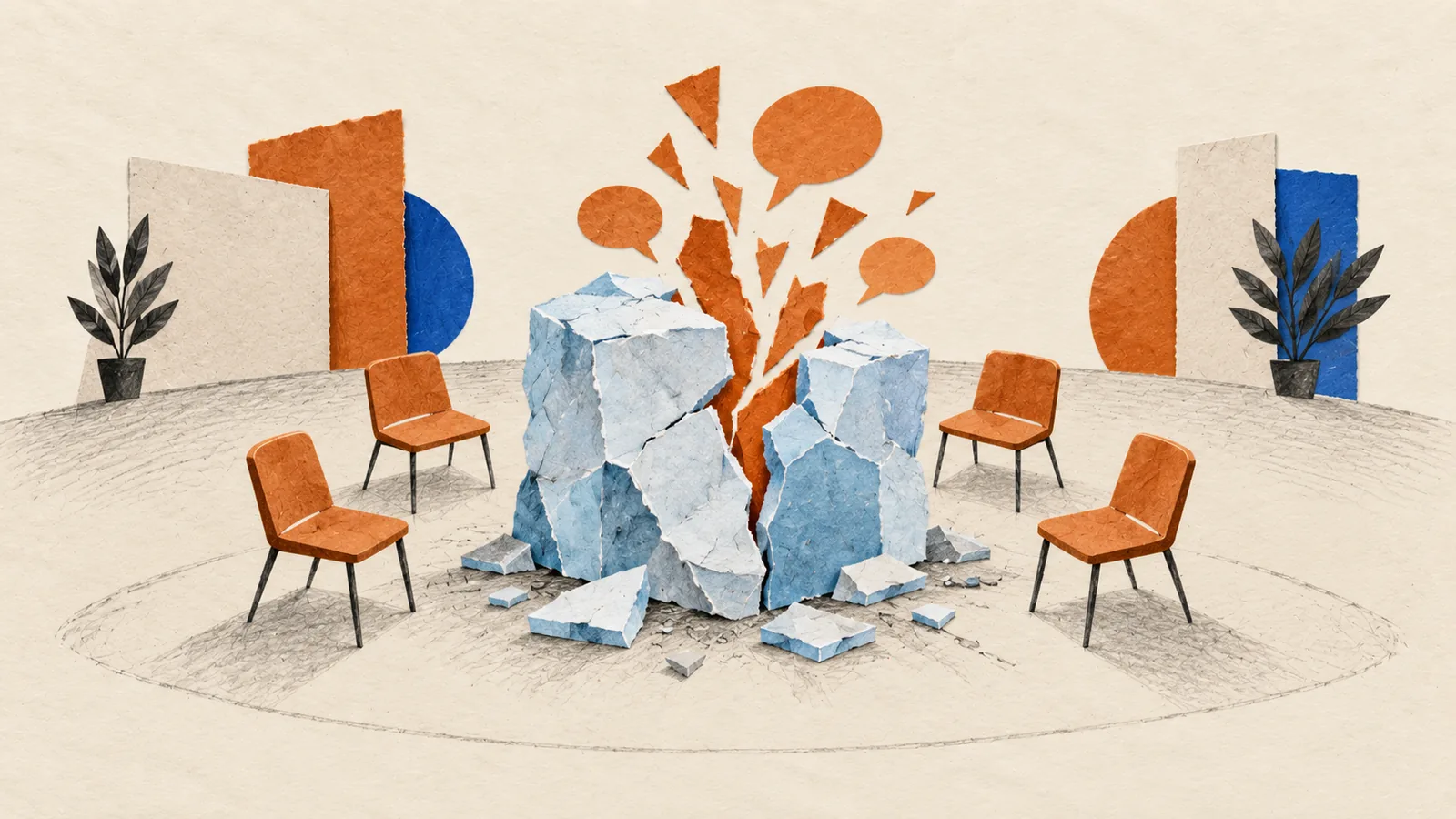 Illustration of a pale blue paper ice block cracking open, with orange paper shards and blank speech bubbles rising from it and four chairs around it