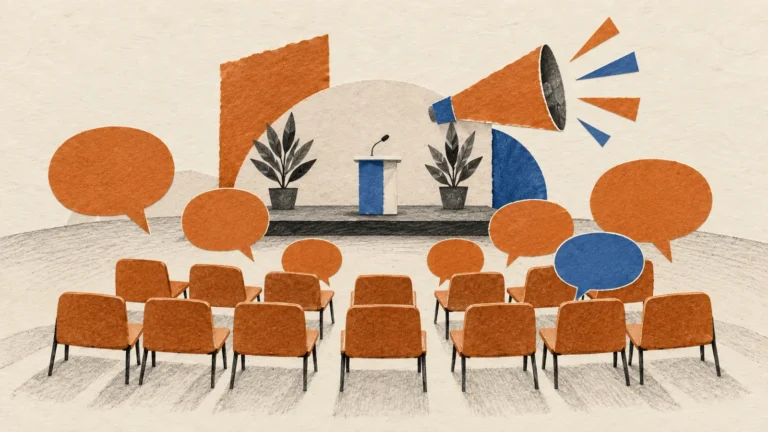 Paper collage illustration of an empty auditorium: rows of orange chairs face a stage with a lectern and microphone, with speech bubbles and a megaphone above